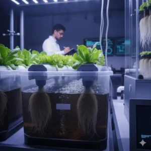 Nahaufnahme eines hydroponik system test 2026 mit Deep Water Culture (DWC) in Betrieb, die gesunde Pflanzenwurzeln zeigt.