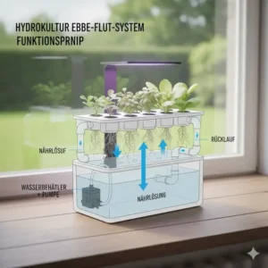 Illustration eines Ebbe-und-Flut-Verfahrens im hydroponik kleine systeme test.