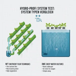Illustration der Unterschiede zwischen NFT und DWC im hydroponik profi system test.