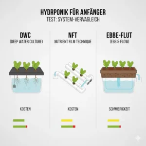 Tabellarischer Vergleich der gängigsten Systeme (DWC, NFT): Kosten und Schwierigkeit im **Hydroponik für Anfänger Test**.
