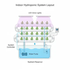Schaltplan zur Darstellung des vollständigen Aufbaus für den indoor hydroponik system test, einschließlich Nährstofftank und Anbaukanälen.