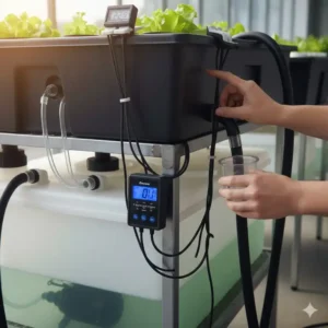 Überprüfung der Zeitschaltuhr und Pumpe während eines ebb and flow system test im Gewächshaus.