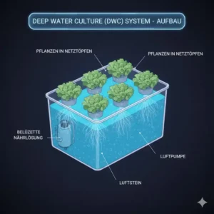 Deep Water Culture (DWC) im hydroponische systeme vergleich 2026: Pflanzen in einem belüfteten Nährlösungsbehälter.