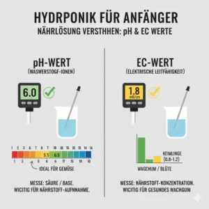 Wichtigkeit von Nährlösung, pH-Wert und EC-Wert: Messgeräte und empfohlene Werte im **Hydroponik für Anfänger Test**.