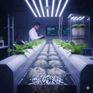 Die Nährfilmtechnik (NFT) im Versuchsaufbau des hydroponik system test 2026, dargestellt mit dünnem Nährstofffilm in den Kanälen.