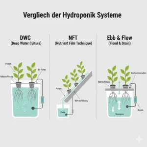 Vergleich der Methoden: Eine Grafik zeigt, welche Systeme im Hydroponik Komplettset Test enthalten sind.