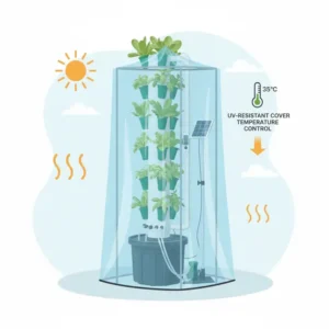 Illustration of a protective UV-resistant cover for a hydroponik system outdoor test in high heat.