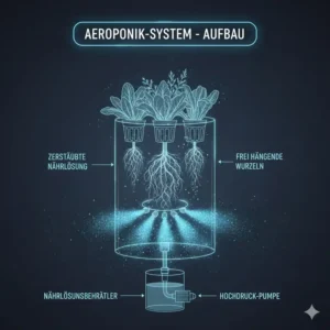 Aeroponik-Setup im hydroponische systeme vergleich 2026: Pflanzen werden mit einem feinen Nährnebel versorgt.