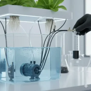 Detailaufnahme der Bewässerungstechnik in einem aktuellen hydroponik system mit LED test.