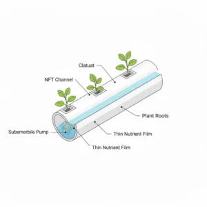 Nahaufnahme der Wurzeln in einem nft hydroponik system test mit dem dĂŒnnen NĂ€hrstofffilm.