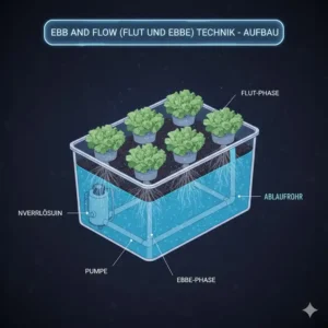 Ebb and Flow (Flut & Ebbe) System im hydroponische systeme vergleich 2026: Schema des periodischen Flutens.