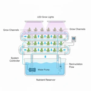 Schematische Darstellung des Wasser- und Nährstoffkreislaufs im indoor hydroponik system test (vom Reservoir zu den Pflanzen und zurück).
