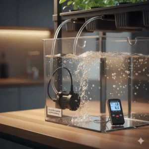 Funktion der Wasserpumpe und des Reservoirs, geprüft im Hydroponik Komplettset Test auf Zuverlässigkeit.