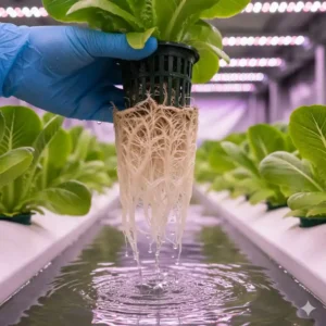 Bild gesunder, weißer Pflanzenwurzeln aus dem indoor hydroponik system test, die auf eine erfolgreiche Nährlösungseinstellung hinweisen.