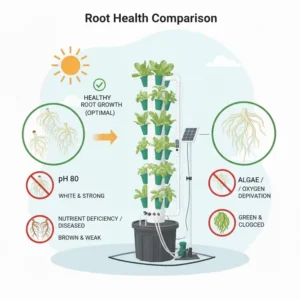 Detailed illustration comparing healthy white root growth in a hydroponik system outdoor test.