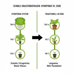 Darstellung der schnellen Wachstumsphasen basierend auf unseren Hydroponik System Erfahrungen.