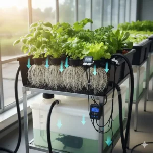 Illustration der Sauerstoffzufuhr für die Wurzeln während eines ebb and flow system test.