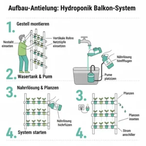 Schritt-für-Schritt Illustration für den Aufbau nach dem hydroponik balkon system test Standard.