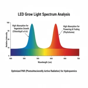 Diagramm, das das optimale LED-Lichtspektrum für Pflanzenwachstum beim indoor hydroponik system test zeigt.
