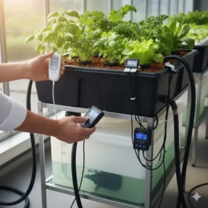 Messung der Nährstofflösung mit pH- und EC-Metern im ebb and flow system test.