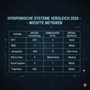 Vergleichstabelle für hydroponische systeme vergleich 2026: Kennzahlen zu Kosten und Ertrag.