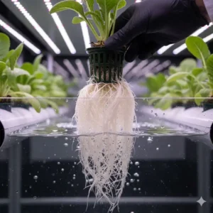 Sichtbare Wurzelgesundheit als Ergebnis im hydroponik system mit LED test.