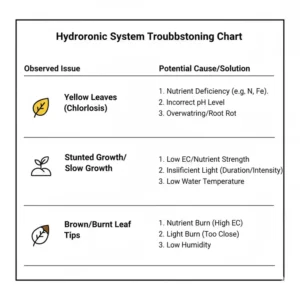 Tabelle zur Behebung häufiger Probleme (z. B. Nährstoffbrand) im indoor hydroponik system test und deren Lösungen.