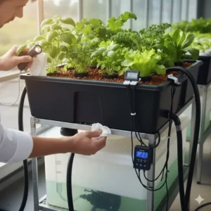 Inspektion der Anschlüsse und Dichtungen auf Undichtigkeiten beim ebb and flow system test.