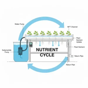 Infografik zum geschlossenen NĂ€hrstoffkreislauf bei einem nft hydroponik system test.