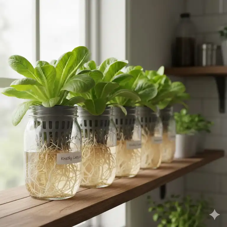 Ein vollstĂ€ndiges kratky hydroponik system mit grĂŒnem Salat in EinmachglĂ€sern auf einem Holzregal.