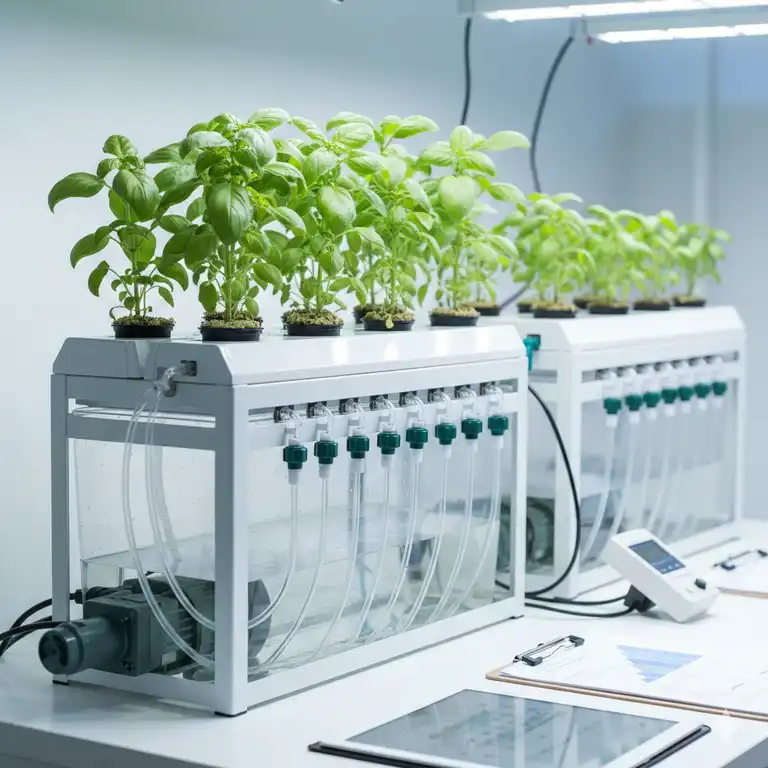 Ein professionelles Setup für den tropfbewässerung hydroponik test mit Basilikumpflanzen.