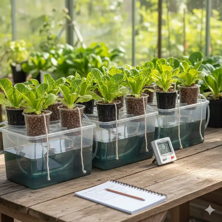 Ein vollständiger Versuchsaufbau für einen wick system hydroponik test in einem Gewächshaus.