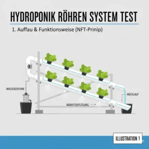 Illustration der Funktionsweise im hydroponik röhren system test nach dem NFT-Prinzip.