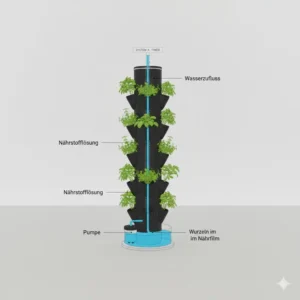 Technische Illustration der NFT-Technik innerhalb eines vertikale hydroponik systeme test Aufbaus.