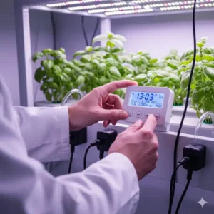 Jemand führt einen hydroponik timer test durch, indem er die Bewässerungsintervalle manuell einstellt.