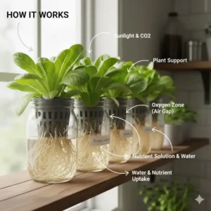 Ein detailliertes Diagramm, das erklÀrt, wie das kratky hydroponik system und die Luftzone funktionieren.