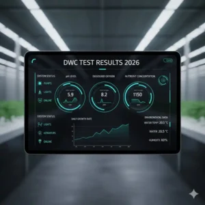 Das digitale Überwachungs-Dashboard zeigt präzise Echtzeitdaten für den deep water culture test 2026 in der vertikalen Landwirtschaft.