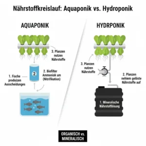 Illustration zum Nährstoffkreislauf im aquaponik vs hydroponik vergleich für nachhaltiges Wachstum.