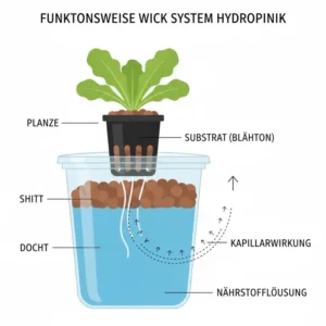 Eine schematische Darstellung der Funktionsweise im wick system hydroponik test.