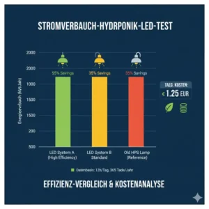 Vergleich von Stromverbrauch und Effizienz verschiedener Modelle im hydroponik LED beleuchtung test.