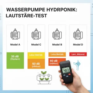 Decibel meter results during a hydroponik wasserpumpe test to identify the quietest pump for home use.