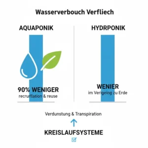 Grafik zum Thema Ressourceneffizienz und Wasserverbrauch im aquaponik vs hydroponik vergleich.