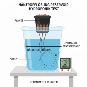 Das Nährstoffreservoir und die Wasserversorgung beim wick system hydroponik test.