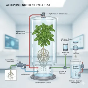 Diagramm über den Nährstoffkreislauf und die Wasserfilterung beim aeroponik system test.