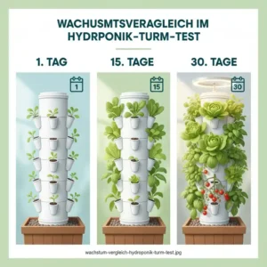 Sichtbare Wachstumsfortschritte und Ernteergebnisse aus unserem Hydroponik Turm System Test nach vier Wochen.