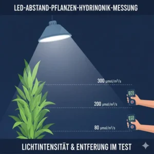 Messung der Lichtintensität je nach Pflanzenabstand während des hydroponik LED beleuchtung test.
