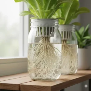 Nahaufnahme gesunder weiĂer Wurzeln, die in einem kratky hydroponik system ins Wasser wachsen.