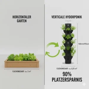 Darstellung der Platzersparnis, die ein vertikale hydroponik systeme test für kleine Wohnungen beweist.