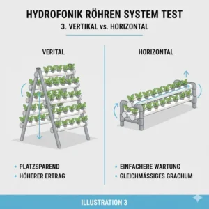 Vergleich zwischen vertikalem und horizontalem Aufbau im hydroponik röhren system test.