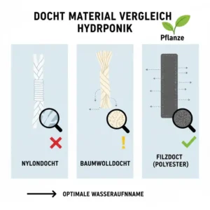 Nahaufnahme der verwendeten Dochte für den wick system hydroponik test.
